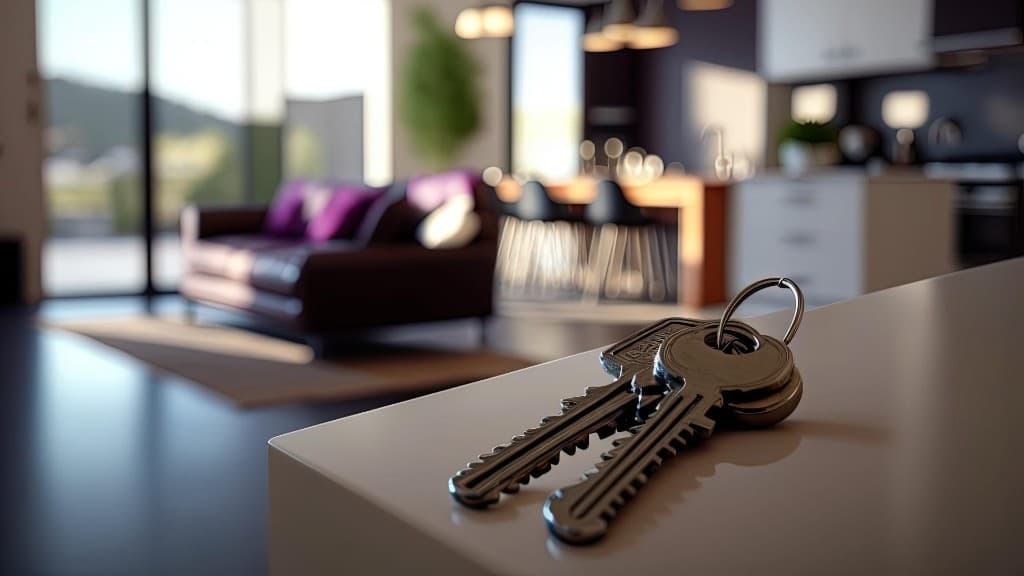 Keys on a counter with a furnished apartment in the background